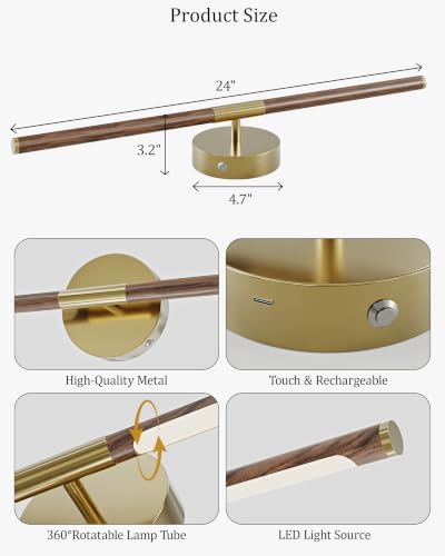 24" Battery Operated Wall Sconce Set of 2, 350° Rotating Lamp, Walnut Gold - Image 5