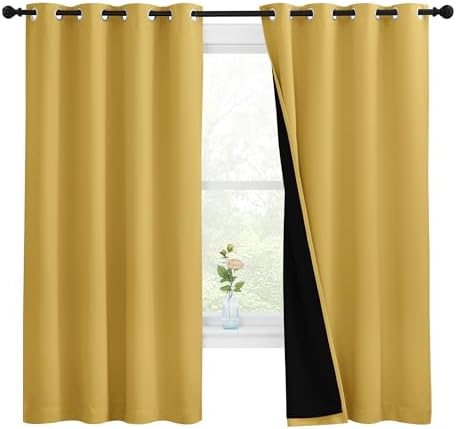 NICETOWN 100% Blackout Curtains with Black Liners, Thermal Insulated Full Blackout 2-Layer Lined Drapes, Energy Efficiency Window Draperies for Bedroom (Bright Yellow, 2 Panels, 55" W by 68" L) by NICETOWN