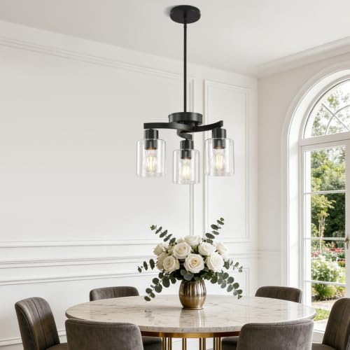 3 Light Black Dining Room Chandelier, Modern Industrial Pendant Light for Kitchen Island, Adjustable Height Hanging Ceiling Light Fixture with Clear Glass Shades,E26 Base,Dimmable - Image 6
