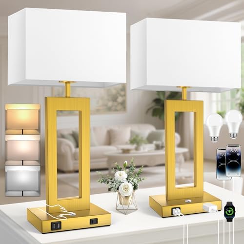 Table Lamps for Bedrooms Set of 2, 27.2’’ Super Tall Modern Gold Lamps for Living Room Nightstand End Tables, Button Touch Control Bedside Lamps with 2 USB Ports, 3 Color Temp. E26 Bulbs Included by Kondras
