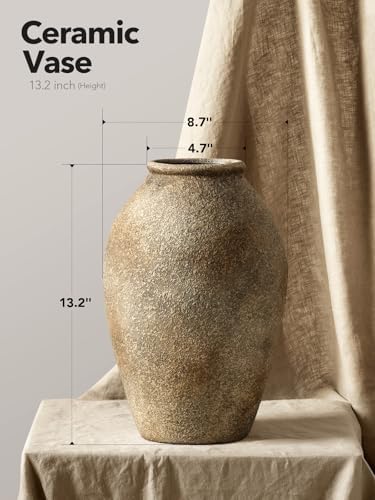 LE TAUCI Ceramic Flower Vase, 13.2 Inch Large Rustic Farmhouse Vase, Tall Floor Vase for Home Decor, Living Room Table & Mantel Centerpiece, Watertight & Sturdy, Sandstone Brown - Image 2