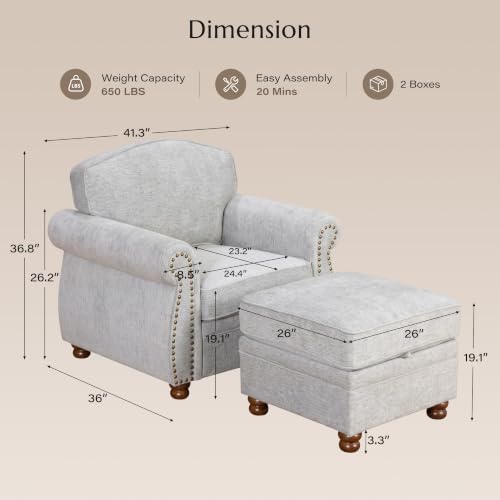 Traditional Accent Chair with Storage Ottoman, 41.3", Chenille, Oatmeal - Image 2