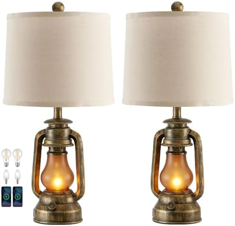 Set of 2 Farmhouse Lantern Table Lamps for Living Room with 2 USB Charging Ports, Rustic Vintage Nightstand Lamps with Nightlight for Bedroom End Table Entryway, 4 Bulb Included by RORIANO