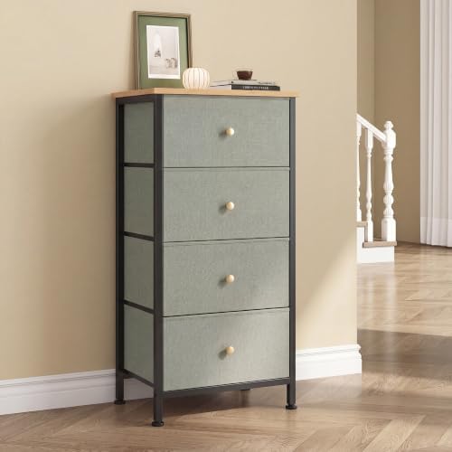 DUMOS Nightstand with 4 Drawers, Bedside Table with Removable Fabric Bins, Sturdy Steel Frame Wood Top Organizer Furniture for Bedroom Closet Living Room, Ink Green by DumosLifestyle