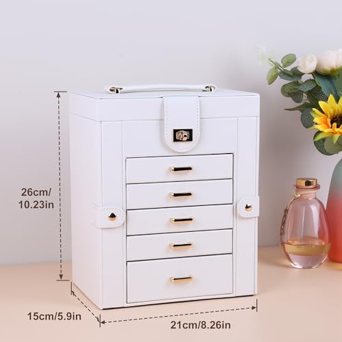 Kendal Jewelry Box, 6-Layer Jewelry Storage Organizer for Necklace Bracelet Rings Watch, 10.2"x8.2"x6" Classic PU Leather 5 Drawers Large Storage Capacity with Mirror - Image 2