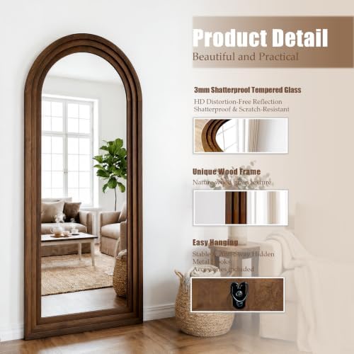 24"x65" Full Length Mirror Solid Wood Frame, Arched Floor Mirror Full Length with Stand, Room Decor Big Full Body Mirror with HD Tempered Glass for Bedroom, Living Room, Walnut Wood - Image 3