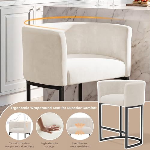 GRUSIGN Chenille Counter Height Bar Stools Set of 3, 26" Kitchen Island Stools with Arms & Footrest, Upholstered Barrel Back Bar Chairs for Kitchen， Dining Room, Bar & Lounge Area, Off-White - Image 4