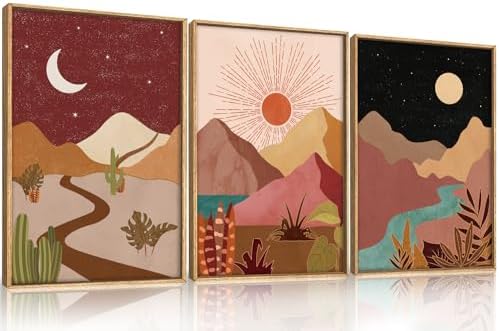LHIUEM Large Boho Southwest Mountain Framed Canvas Wall Art,Abstract Desert Colorful Wall Decor,Nature Moon and Sun Wall Painting,Bohemian Artwork for Living Room,Bedroom,Dining Room,Office -24"x36"x3 by LHIUEM