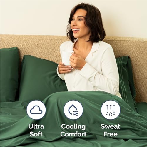 King Size 4 Piece Sheet Set - Breathable & Cooling Sheets - Emerald Green - Image 4