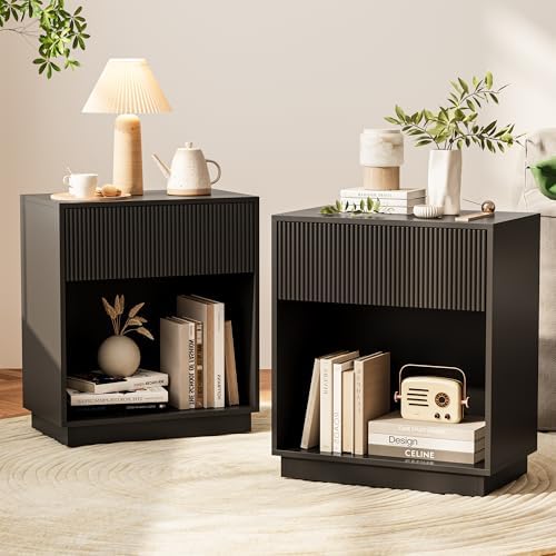 Fluted Nightstands Set of 2, Modern Bedside Table with Drawer and Storage Shelf, Wood End Table Mid Century Night Stands for Bedroom Living Room Sofa Couch Office (Black) by INNODToddlerTower