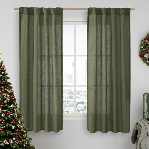 LAMIT Olive Green Semi Sheer Linen Curtains for Christmas Living Room by LAMIT