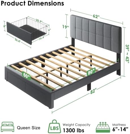Marsail Queen Bed Frame with 2 Storage Drawers - Upholstered, Adjustable Headboard,6"-12" Mattress Fit, 1300 lbs Capacity, 12-Leg Sturdy Wood Construction, Easy Assembly, Dark Gray - Image 2