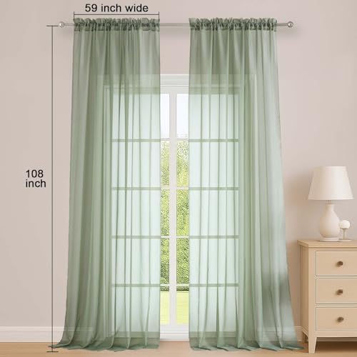 OWENIE Sage Green Sheer Curtains 108 Inch 2 Panels for Living Room 59" Wide - Image 5