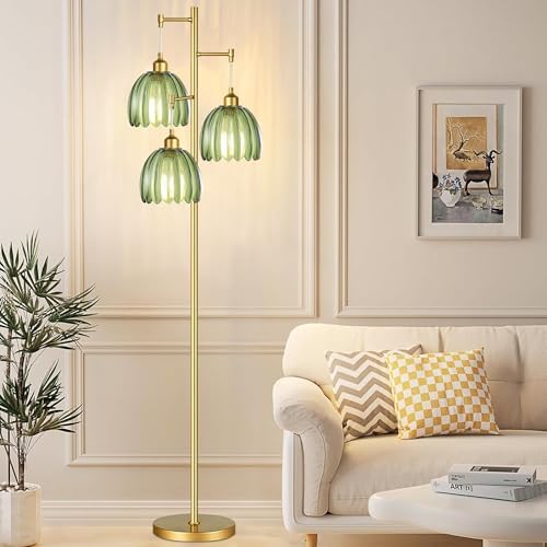 QIYIZM Gold Floor Lamp for Living Room,Bedroom,Mid Century Modern Standing Lamp Brass Tree 3 Light Tall Floor Lamps Vintage Retro Floor Lights Glass Green Flower Lamp Shade Farmhouse Boho Bohemian - Image 3
