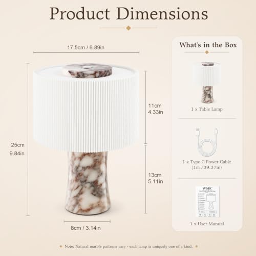 WMK Marble Lamp Cordless, Rechargeable Marble Touch Lamp with 3 Color, Pleated Fabric Lampshade Stepless Dimming, Luxury Natural Calacatta Viola Stone Table Lamp for Bedroom, Living Room (Dual Light) - Image 5