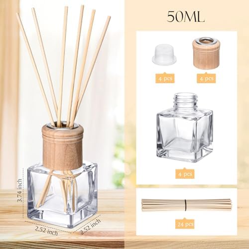 Roshtia 4 Set Reed Diffuser Bottles 50ml Glass Wooden Caps Rattan Sticks - Image 6