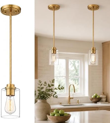 Pendant Lights Kitchen Island, Farmhouse Gold Pendant Lighting with Clear Glass Shade, Kitchen Pendant Lighting Over Island for Dining Room Entryway, AD-22281-1P-GD-C by Audickic