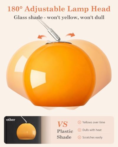Arc Floor Lamp for Living Room, Orange Glass Shade Standing Lamp, Adjustable Height & Reach Arched Floor Lamp, Iron Tall Lamp with 3 Color Temperature Bulb, Foot Switch for Bedroom Office - Image 5