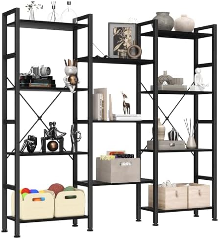DUMOS Triple Column 4 Tier Bookshelf, Wide Industrial Bookcase, Black by DumosLifestyle