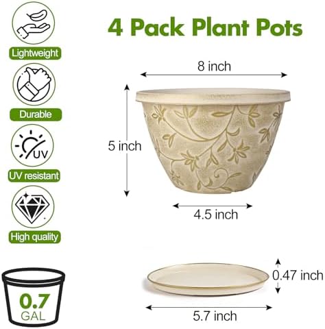 Nooulap 8 Inch Plant Pot, Beige Flower pots, 4 Pack - Image 2