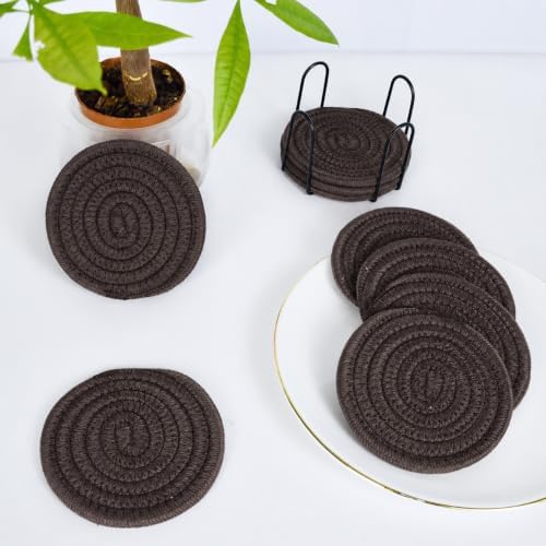 ABenkle 8 Pcs Drink Coasters with Holder, Cotton Woven Absorbent Coasters for Drinks, Minimalist Home Decor Coaster Set for Wooden Tabletop Protection Table, 4.3 inches - Image 7