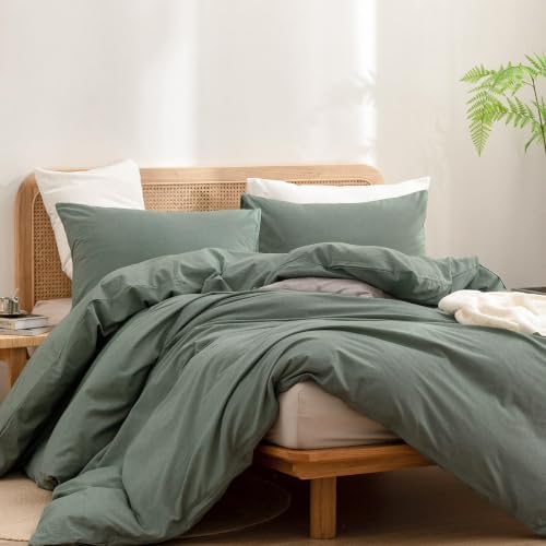BESTOUCH Cotton Solid Duvet Cover Set Linen Feel Green Alaska King - Image 4