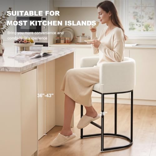 26" H Counter Height Bar Stools Set of 4, Modern Barrel Counter Stools with Backrest and Arms, Linen Fabric Upholstered Accent Barstools for Kitchen Island,Support 450 LBS (White) - Image 6