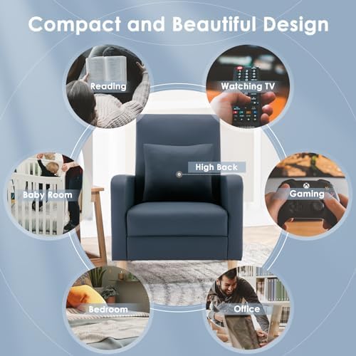 COLAMY Mid-Century Modern Accent Chair, Faux Leather Upholstered Living Room Chair with Back Pillow & Solid Wood Legs, Comfy Armchair for Living Room, Bedroom, Single Sofa, Dark Blue - Image 6