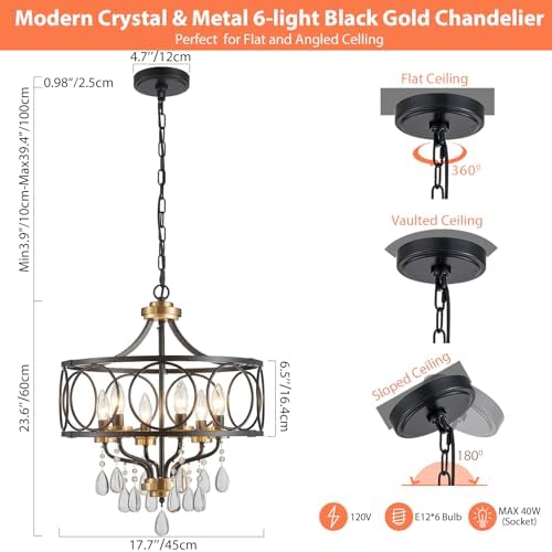 Crystal Chandeliers for Dining Room,17.7" Black and Gold 6 Lights Hanging Pendant Lighting Fixture Metal Farmhouse Chandelier for Kitchen Island Entryway Living Room - Image 3