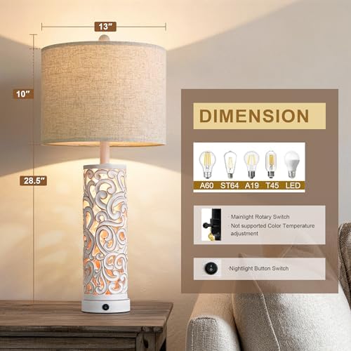 OYEARS 2-in-1 Light Table Lamp Set of 2 for Living Room, 28.5" Farmhouse Bedside Lamps with USB Charging Port, Main&Night Light & Dual Switches, Nightstand Lamp for Bedroom Home Office(Bulb Included) - Image 5