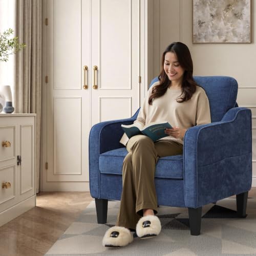 Accent Chair for Living Room, Mid Century Modern Reading Chair for Bedroom, Upholstered Armchair with Side Pockets, Comfy Single Sofa Side Chair for Office, Apartment, Small Room, Blue - Image 3