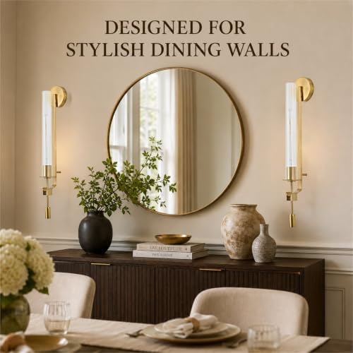 LIGHTLAND Gold Wall Sconces Set of 2, 28 Inch Modern Metal Glass Wall Light Fixture, Wall Lamp for Living Room Bedroom Hallway - Image 2
