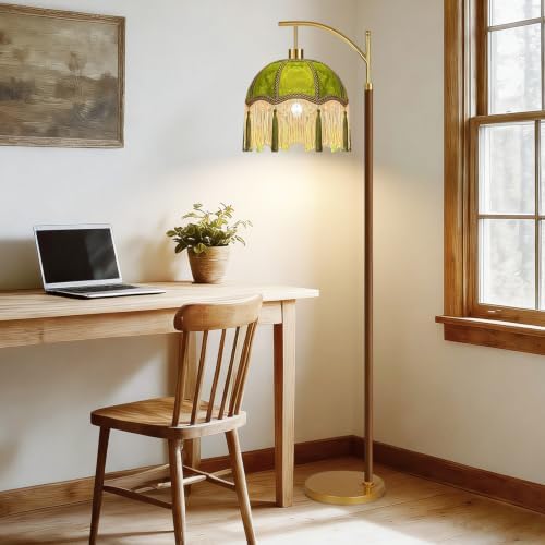 Green Floor Lamp for Living Room,Bedroom,Fringe Standing Lamp with Remote Dimmable, Victorian Mid Century Gold Arc Tall Lamp Boho Vintage Retro Wood Tassel Flower Unique Lamp Tiffany Decor - Image 6