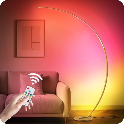 75" RGBW Gold Corner Lamp, Dimmable Arc Floor Lamp with Remote, Curved Lamp by GOEBLESON