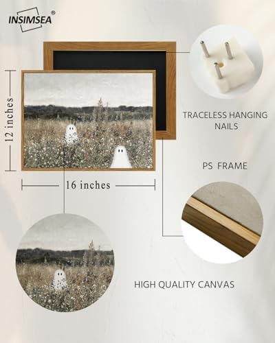 InSimSea Framed Canvas Prints Art Ghost Decor, Vintage Halloween Meadow with Flowers Painting, Spooky Gothic Decor, Rustic Landscape Pictures for Living Room, 12x16inch - Image 4