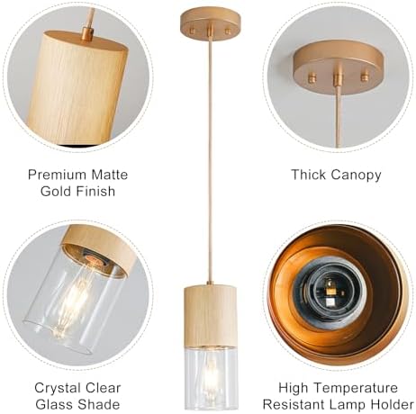 Gold Pendant Light Fixtures, Adjustable Modern Pendant Lights for Kitchen Island, Industrial Clear Glass Pendant Lights for Dining Table Hallway Bedroom Living Room,1 Pack - Image 3