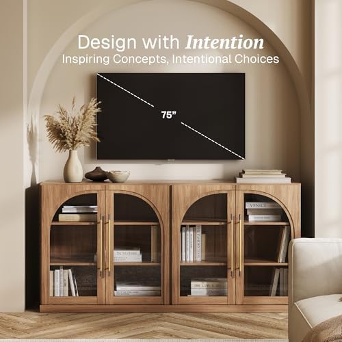 BELLEZE 65" Arched Sideboard with Glass Door, Accent Buffet Cabinet with Storage and Adjustable Shelves, Classic Modern Large Console Table for Dining Room Living Room Entryway (Camel) - Image 3