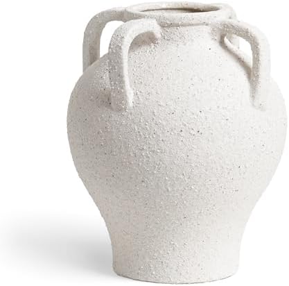White Textured Ceramic Vase with 4 Handles, 8.8 Inch Flower Vase - Image 6