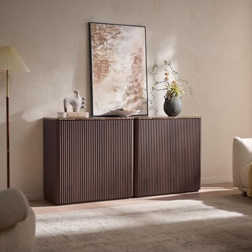 34" Fluted Sideboard Cabinet with Storage, Modern Buffet Cabinet, Dark Oak - Image 3