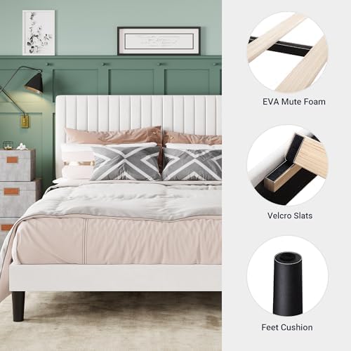 Allewie Queen Bed Frame, Velvet Upholstered Platform Bed with Adjustable Vertical Channel Tufted Headboard, Mattress Foundation with Strong Wooden Slats, Box Spring Optional, Easy Assembly, Off-White - Image 5