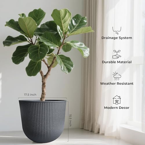 WORTH Garden Round Large Planter Pot Set of 2-17.5" Dia x 15.5" H - Durable Plastic Grey Plant Tree Pots with Vertical Stripe Textured Finish, Drainage Hole for Indoor, Outdoor, Front Porch, Patio - Image 5