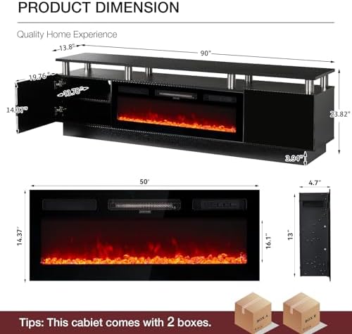 90" TV Stand for Living Room, Large Entertainment Center & Media Console, Fits TVs up to 100", Storage Cabinet with Shelves, 50" Electric Fireplace - Image 2