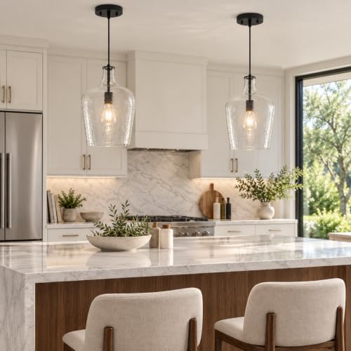 2 Pack 9.3" Glass Pendant Lighting for Kitchen Island,Black Large Pendant Light Fixture with blown Thickened Glass,1 Light Farmhouse Hanging Light for Hallway,Bedroom, Living Room Tall 14 inch - Image 5