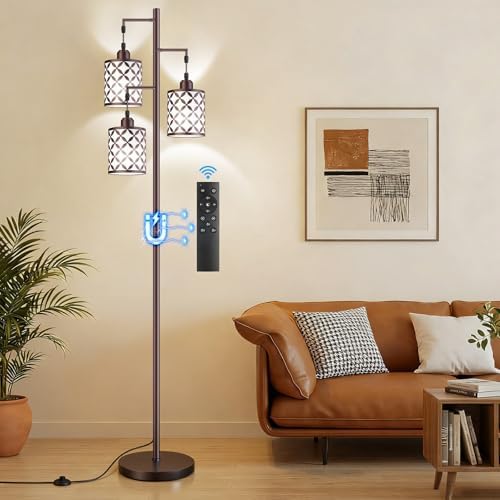 72" Dimmable Floor Lamp with Remote & Timer, Industrial Farmhouse Rustic Standing Lamp for Living Room Bedroom, 3 Individually Controlled Heads, 2 Height Options, 3 x LED Bulbs Included by GHOOCEMLUX