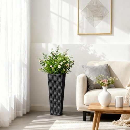 Greesum 23 Inch Tall Plastic Planters with Rattan Texture – Set of 2, Black - Image 4