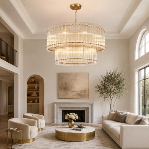48-Inch Ripple Glass Chandelier, 3-Tier 20-Light Large Brass Round Chandelier for Dining Rooms, Living Rooms, Foyers, Staircases, Open-Concept Spaces & High Ceilings - Image 3