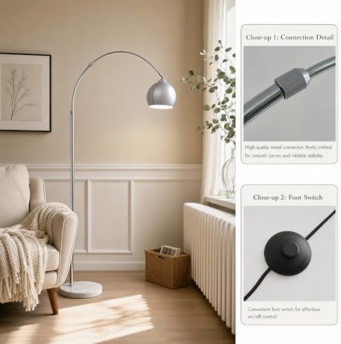 Chrome Arched Floor Lamp with Silver Lampsharp for Living Room - Image 5