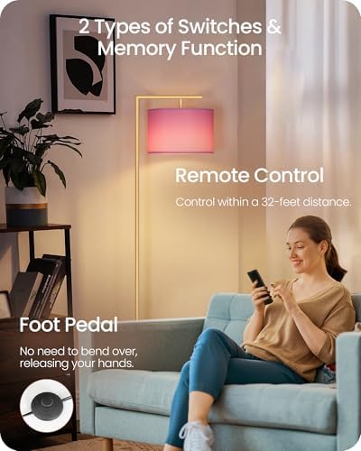 Modern Gold Arc Floor Lamp, Corner Tall Lamp with Remote, Arched Reading Light with Fabric Shade, Floor Lighting for Living Room, Bedroom, Office, Study, Pink, LED Bulb Included, DP11LD05 - Image 3