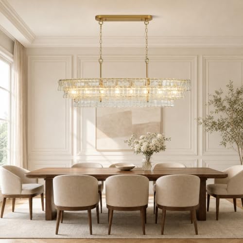 Large Rectangular Chandelier for Dining Room, Kitchen Island & Dining Table, Modern Luxury Brass Glass Pendant Light Fixture - Image 2