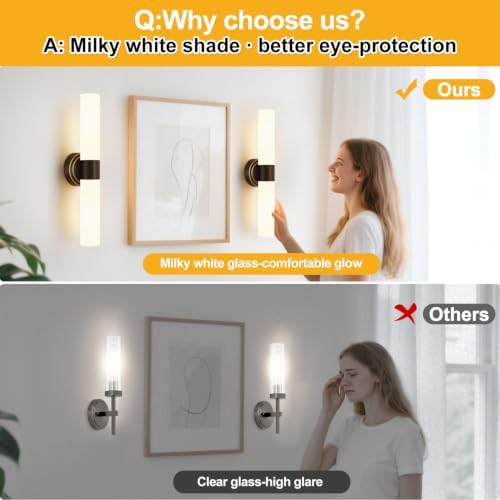 Wall Sconces Set of Two, Modern Bathroom Sconces Wall Lighting with Milky White Glass, Brown Sconces Wall Decor Set of 2 for Bathroom Mirror Bedroom Living Room Hallway - Image 6